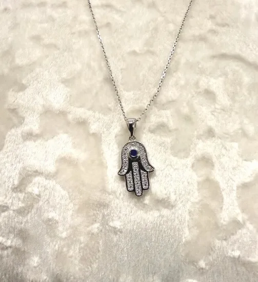 925 Sterling Silver Hamsa Hand Blue CZ Pendant — Small 3/4 Inch Protection Charm Necklace