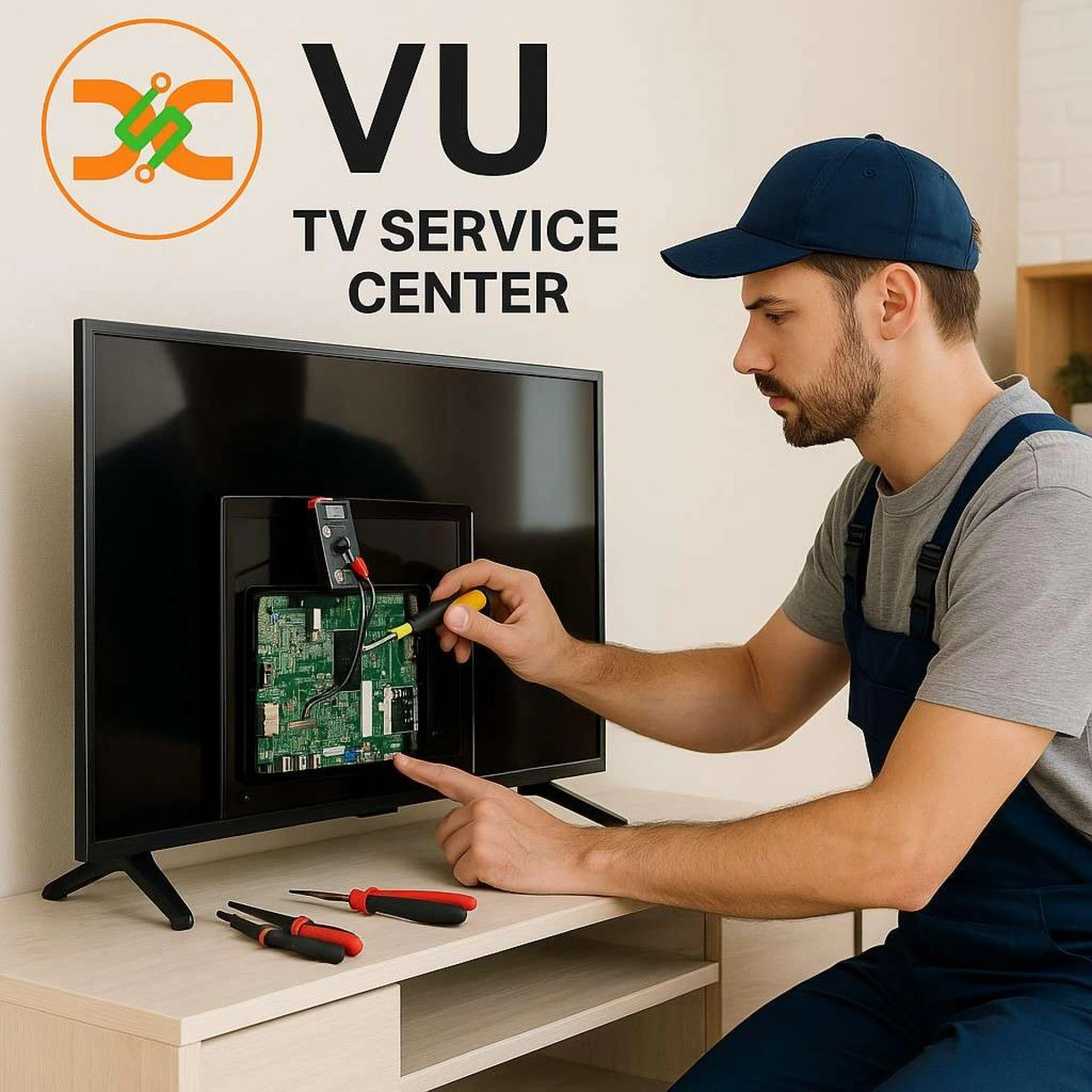What types of repairs require genuine parts in VU TV Service Center?
