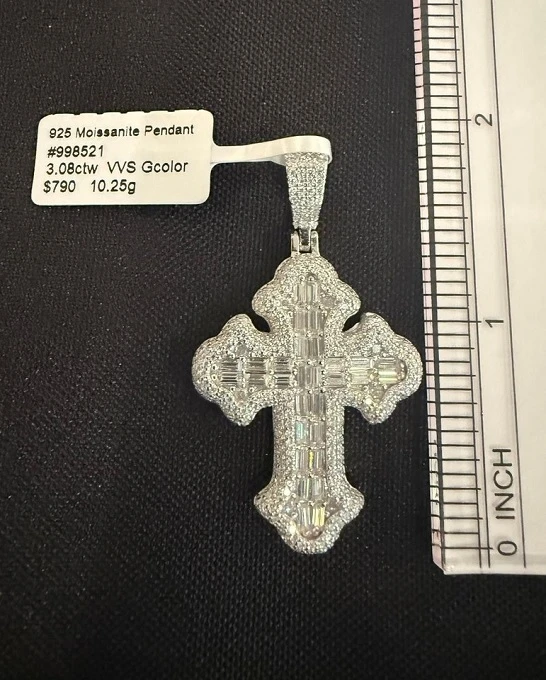 3.08CTW Moissanite Iced Gothic Cross Pendant – Baguette Cut Stones 925 Sterling Silver Hip Hop Jewelry