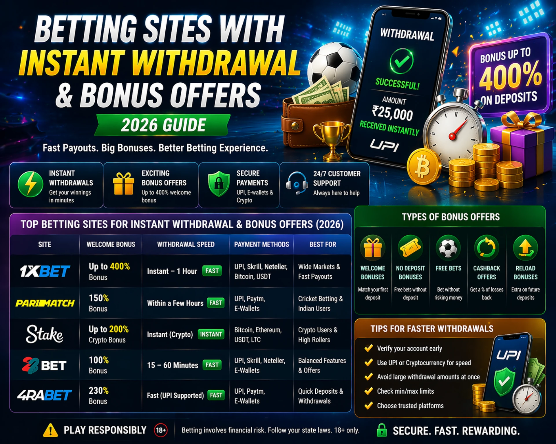 Betting Sites with Instant Withdrawal & Bonus Offers (2026 Guide)