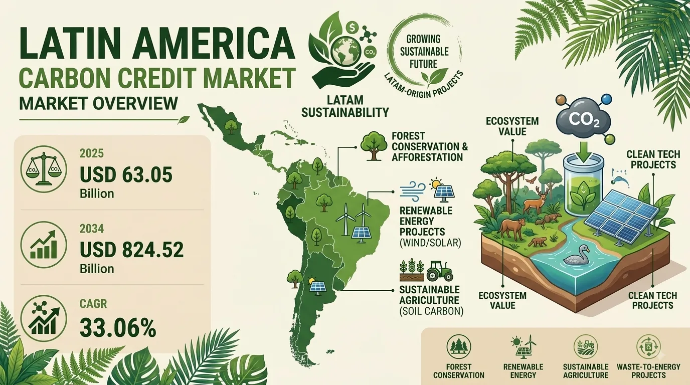 Latin America Carbon Credit Market to USD 824.52 Billion by 2034 with a Robust CAGR of 33.06%