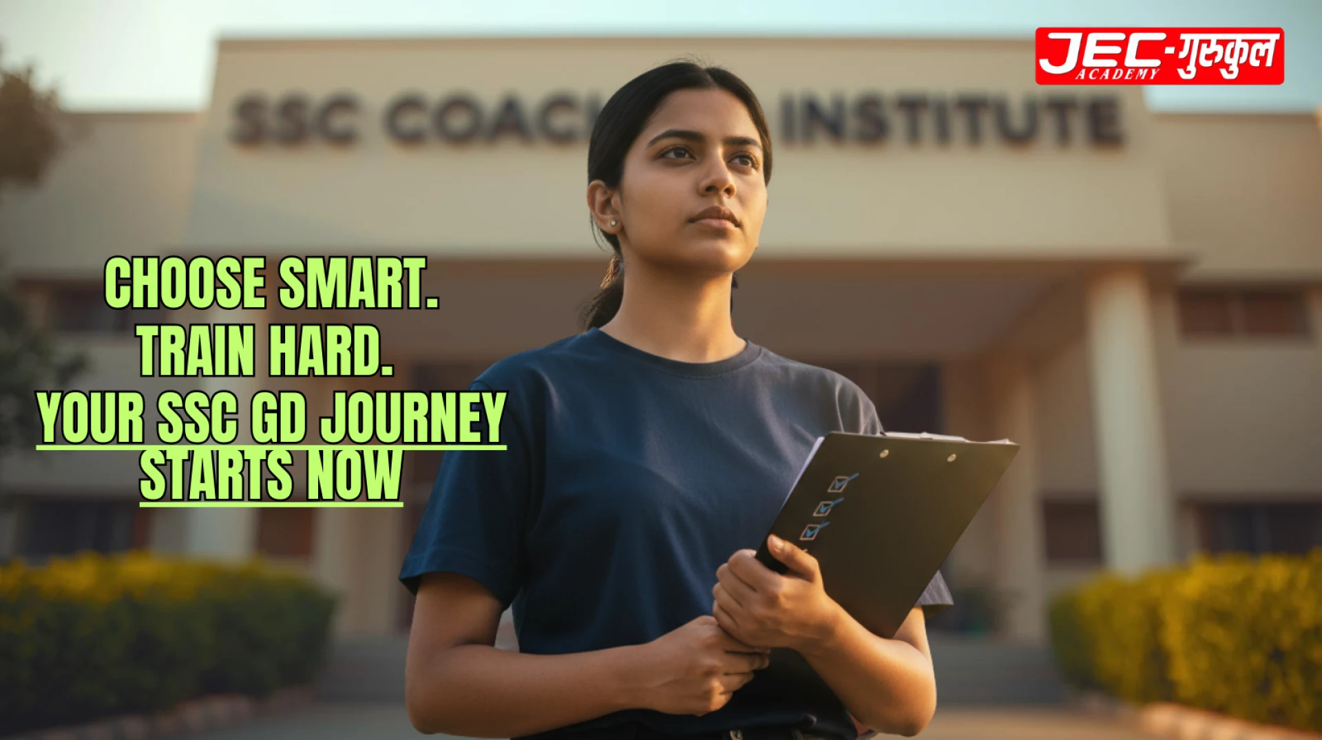 Confident Indian SSC GD aspirant standing outside coaching centre holding checklist with motivational heading placed at left-center of image